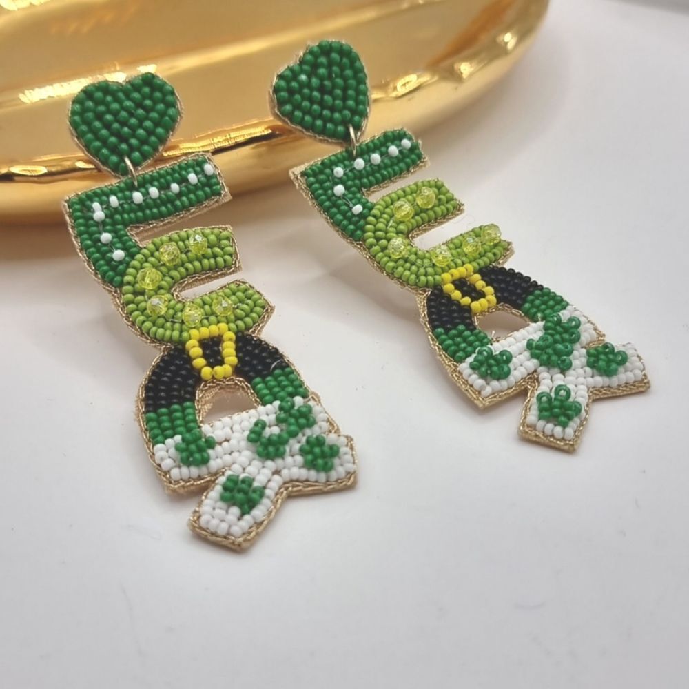 New LUCK graphic bling sead beed St Patty's day earrings